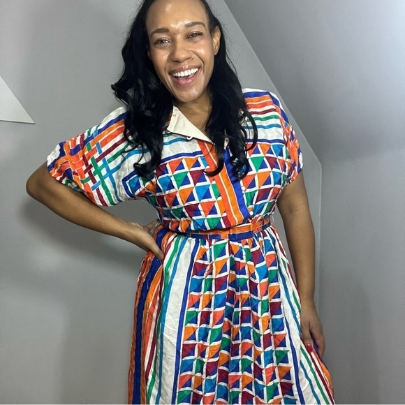 Vintage silk colorful A-line midi dress retro chic 80s twee bold graphic mod - Picture 13 of 15